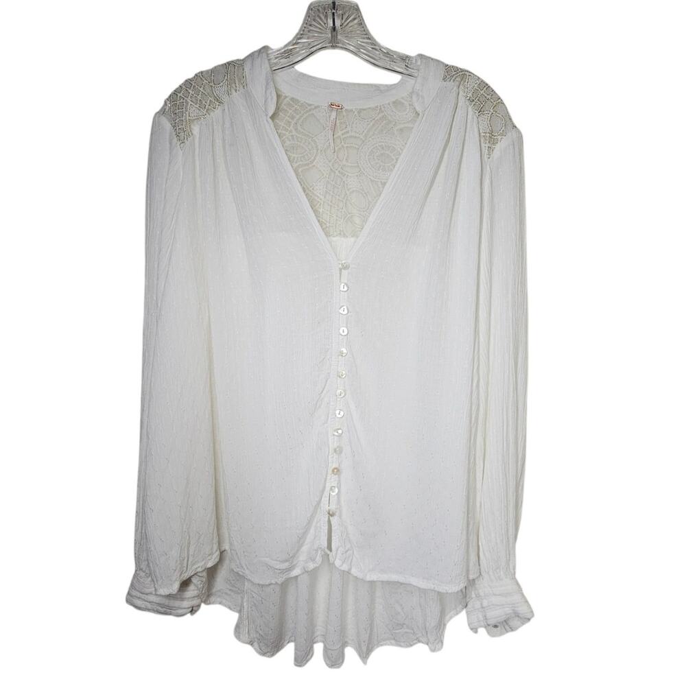 Free People Canyon Rose Button Down Blouse Top Ivory Cream Embroidered Size L
